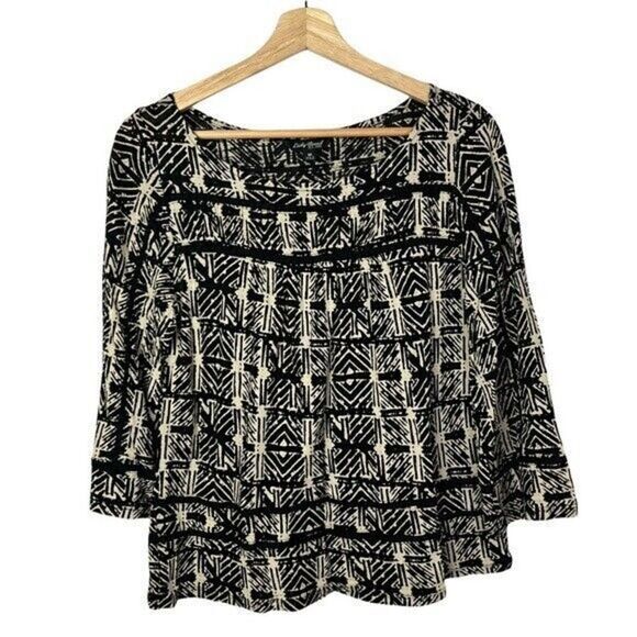 Lucky Brand Black & Tan Cross Hatch Geometric Printed 3/4 Sleeve Blouse M - Picture 1 of 4